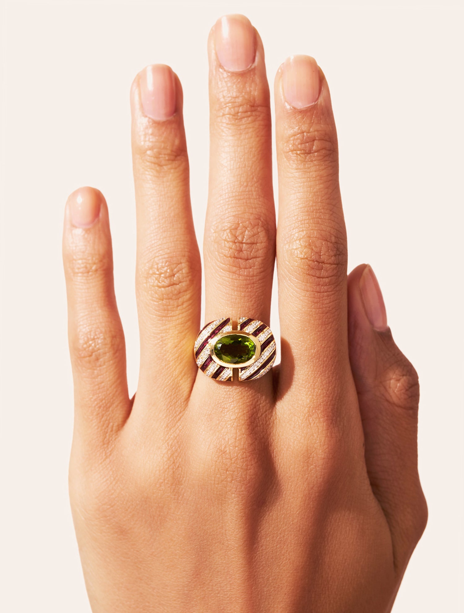 Bague Zèbre - Quartz coloré vert & émail bordeaux