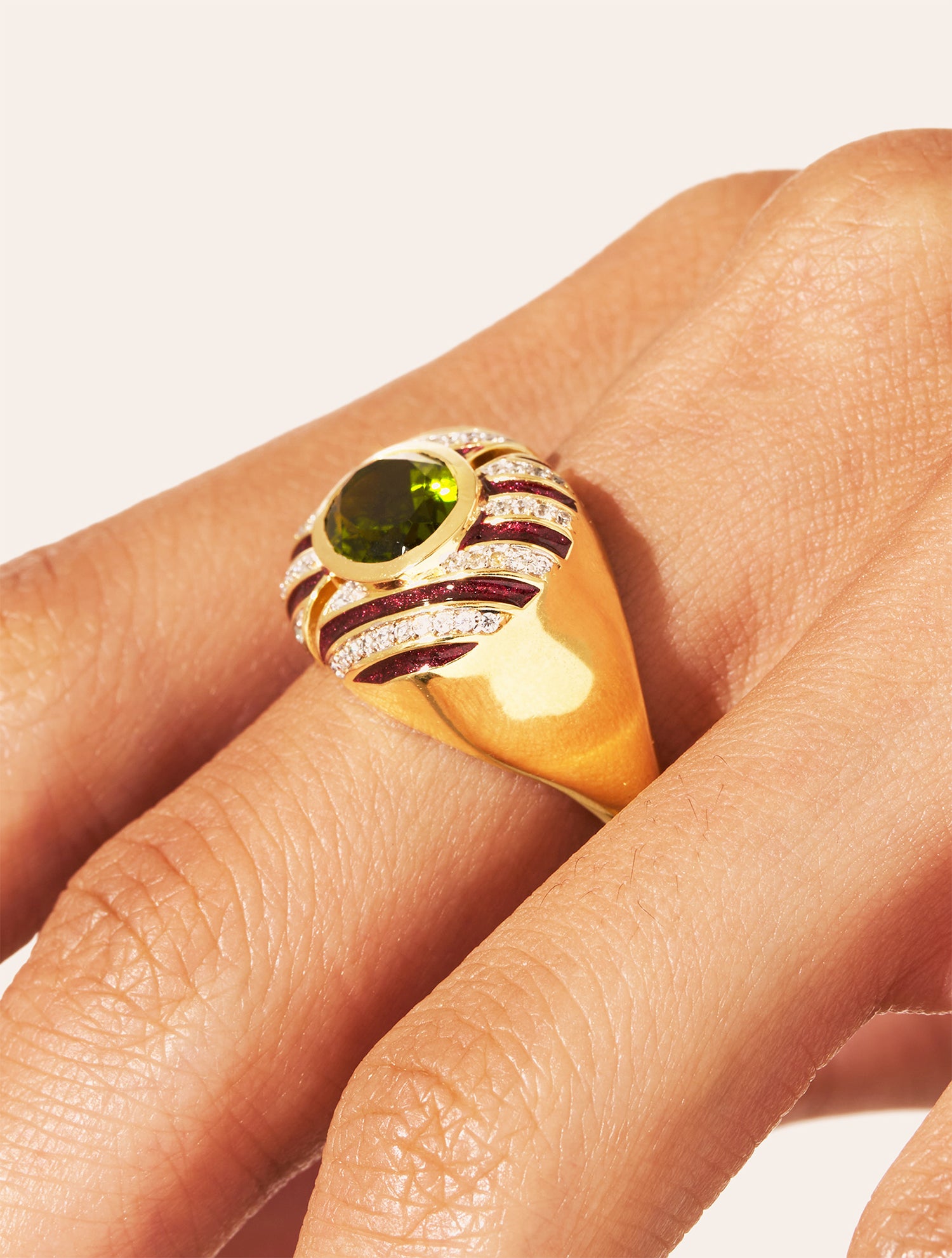 Bague Zèbre - Quartz coloré vert & émail bordeaux