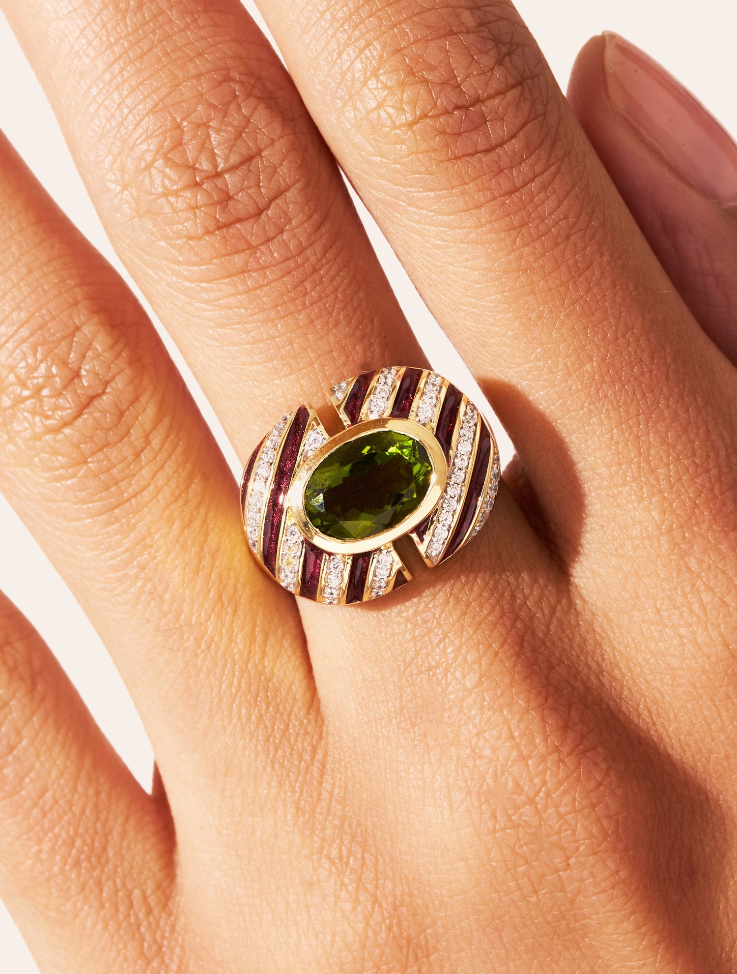 Bague Zèbre - Quartz coloré vert & émail bordeaux