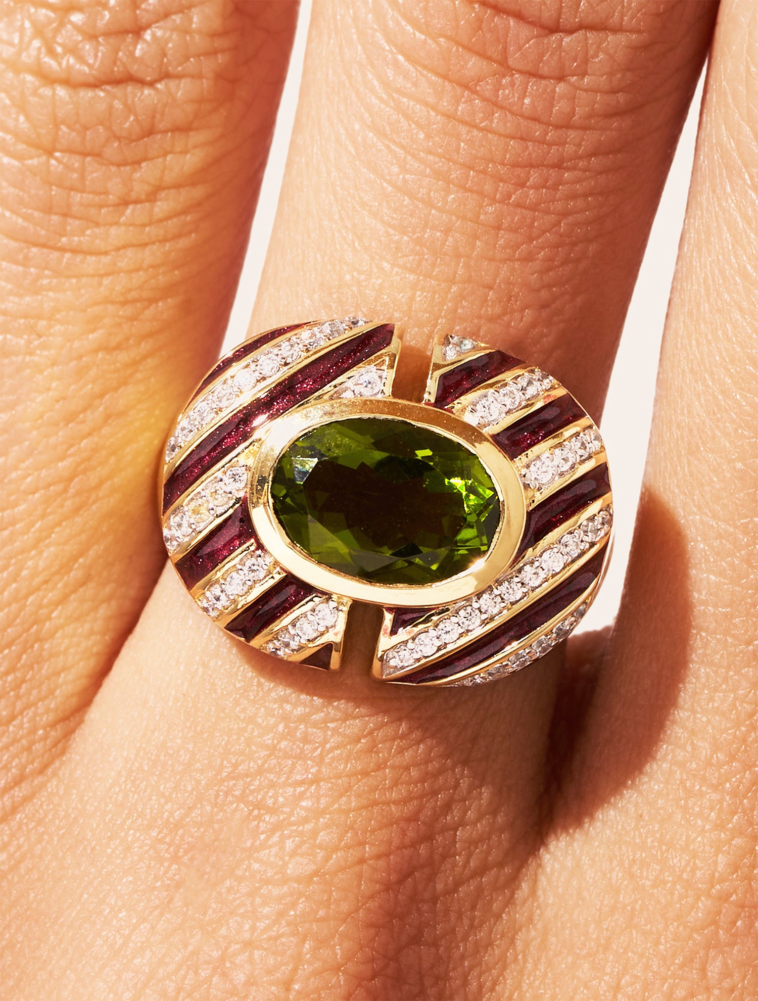 Bague Zèbre - Quartz coloré vert & émail bordeaux