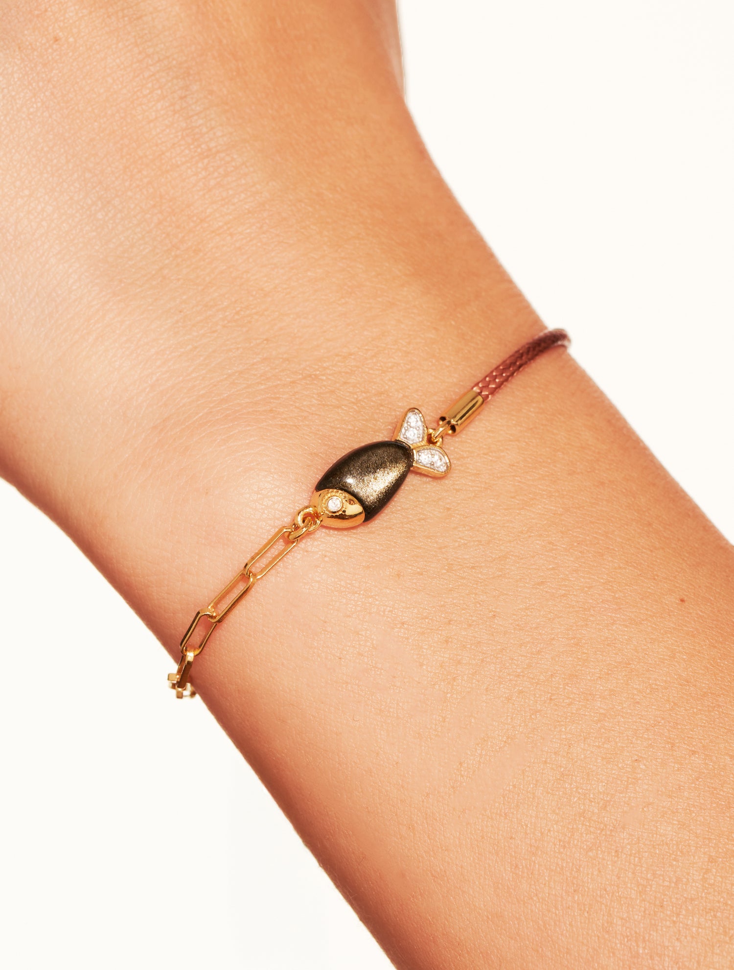 Bracelet poisson - Beige/Obsidienne dorée