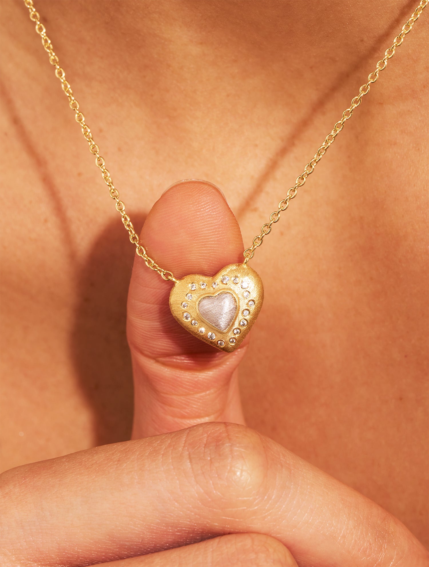 Magnetic Heart Necklace - White Zircon and Silver