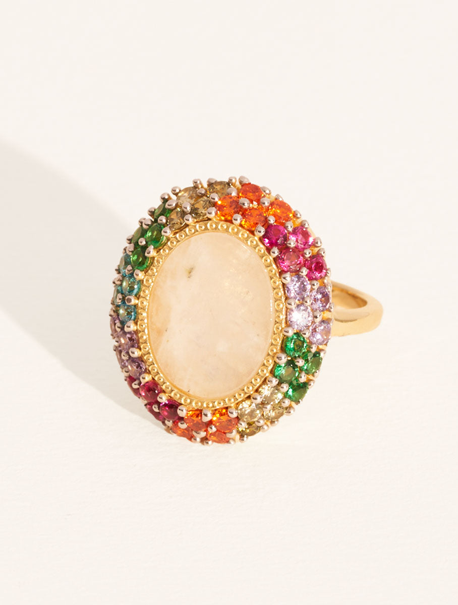 bague ovale pierre de lune zircons multicolors