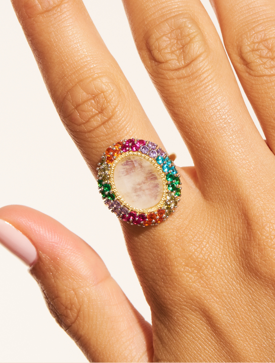 bague ovale mirage pierre de lune et zircons multiclors