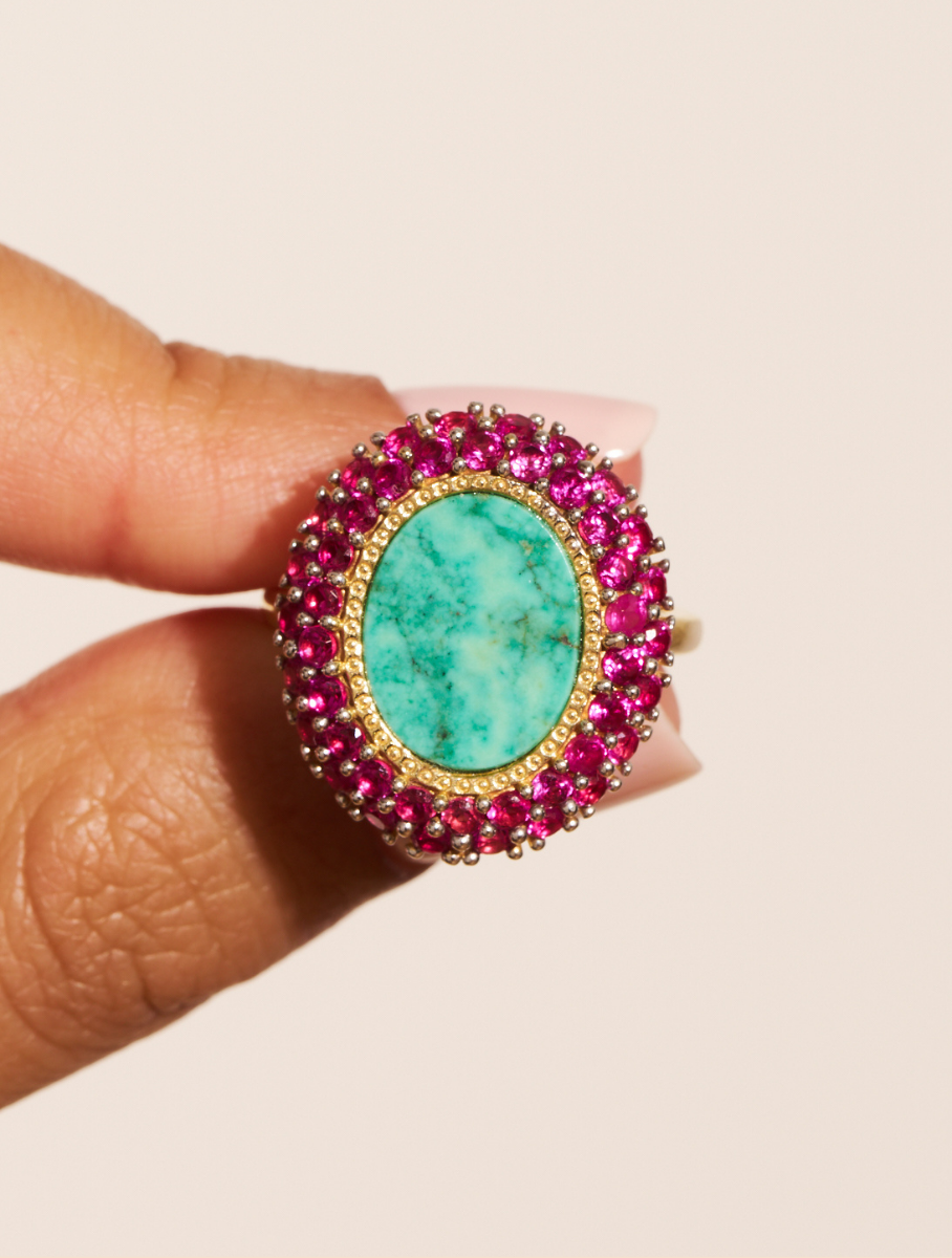 bague ovale mirage turquoise zircons roses